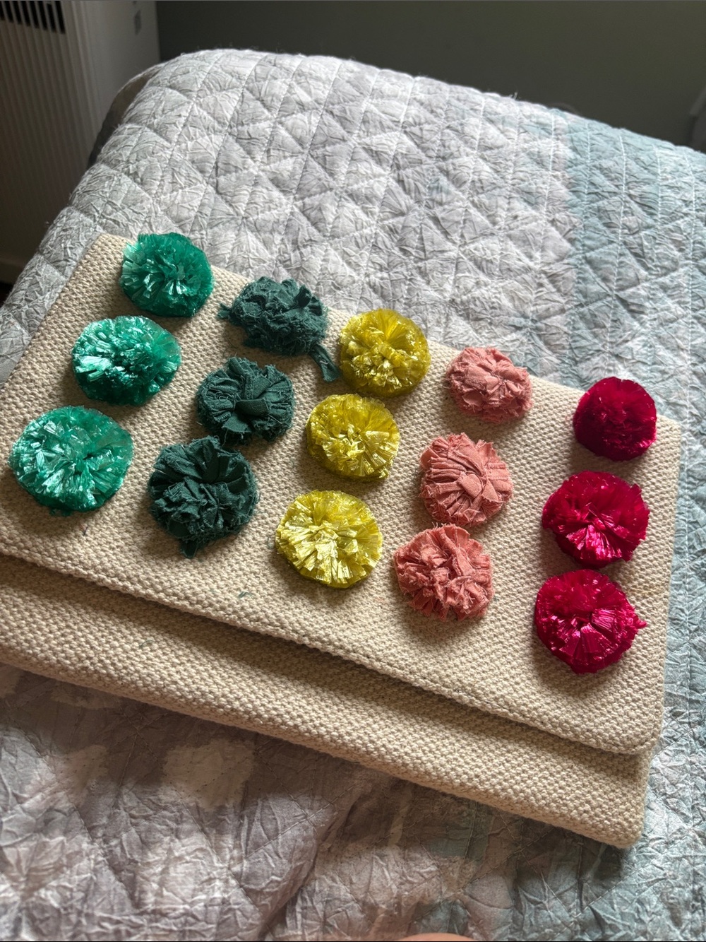 Neutral Woven Clutch with Colorful Pom Flower Accents